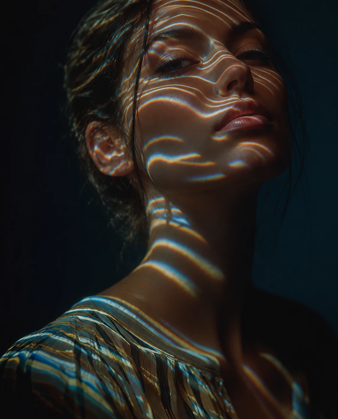 Portrait lit with stripes of coloured light