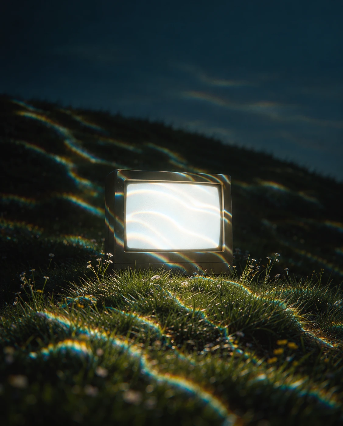 Glowing old television on a dark grassy hillside